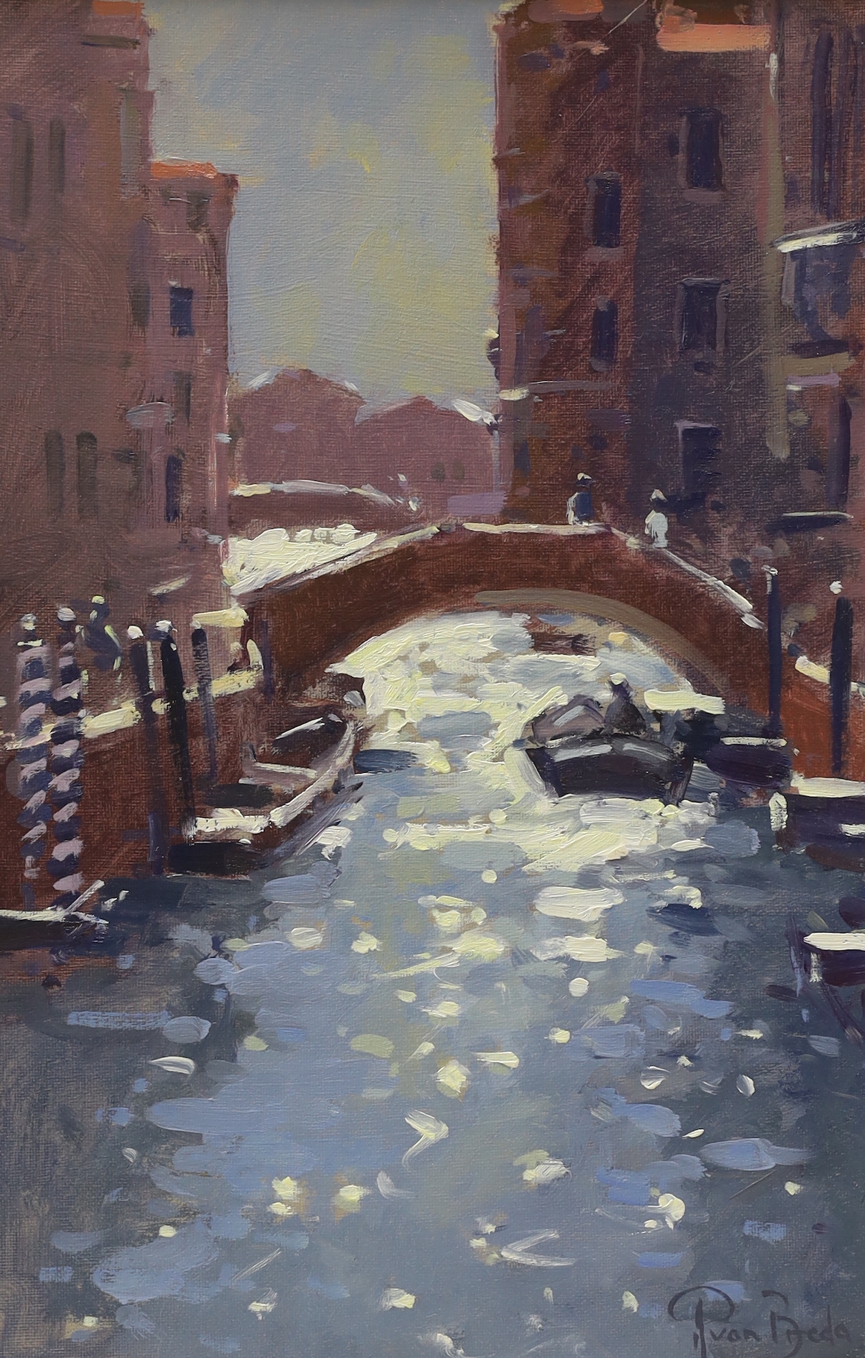 Peter Van Breda (b. 1957), impressionist oil on board, Rio di San Via, Venice, signed, inscribed verso, 29 x 18cm